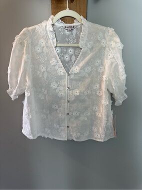 White Floral Embroidered Puff Sleeve Blouse, NWTs